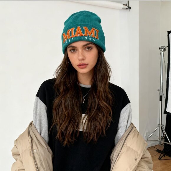 Women's Orange & Green Soft Knit Winter Hat For Cold Weather Beanie Toque Hat - Picture 5 of 5